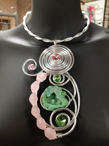 Jeff Lieb Pink and Green Statement Necklace Set (6914829484083)