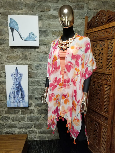 Coral and Fuchsia Flower Tassel Poncho (6917480153139)