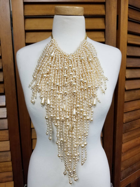 Cream and Gold Pearl Long Teardrop Necklace Set (6923313709107)
