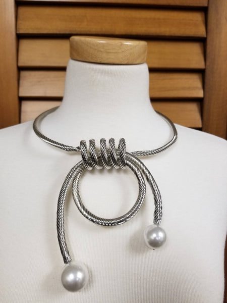 Silver Twisted Rope and Pearl Choker Necklace Set (6923315019827)