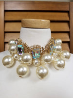 Emerald Cut Stone Embellished Pearl Choker Necklace Set (6923315740723)