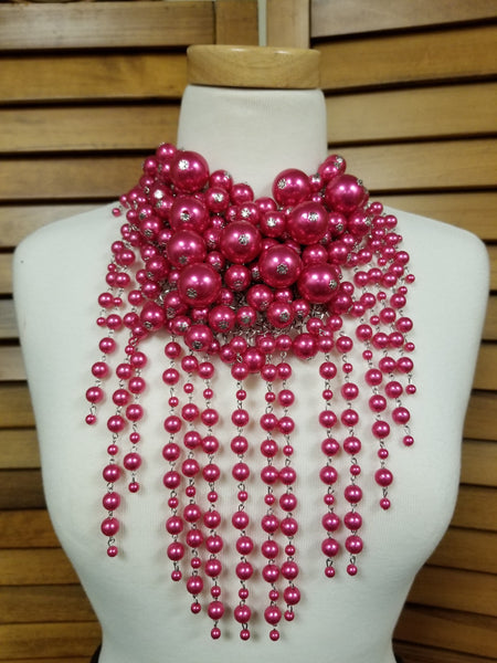 Fucshia Pearl Waterfall Statement Necklace Set (6930147868723)