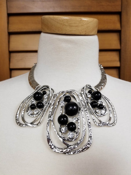 Hammered Silver and Black Pearl Stone Necklace Set (6930053169203)