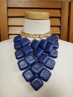 Blue and Gold Chunky Mosaic Stone Necklace Set (6930147278899)
