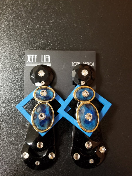 Jeff Lieb Extra Large Bold Art Deco Blue and Black Clip-On Earrings (6930051563571)