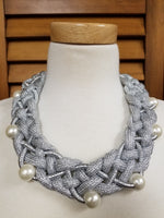 Metallic Silver Braided Fabric and Pearl Necklace Set (6932595212339)