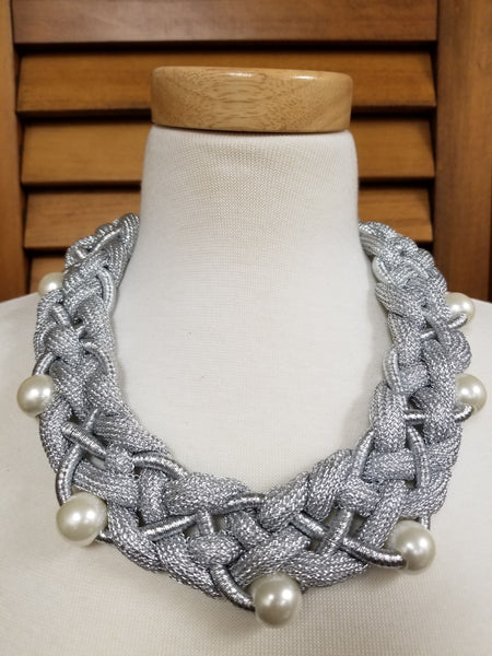 Metallic Silver Braided Fabric and Pearl Necklace Set (6932595212339)