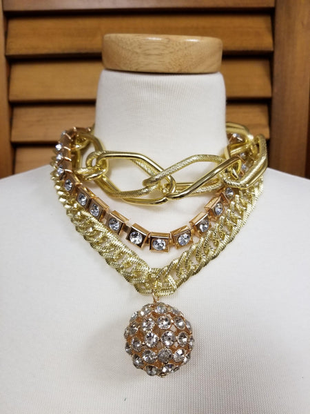 Multi-Layered Chunky Link Gold and Clear Stone Necklace Set (6932596031539)