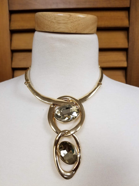 Double Teardrop Gold and Glass Stone Necklace Set (6932592295987)