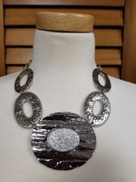 Rhinestone Embellished Textured Metal Oval Link Necklace (6946026291251)