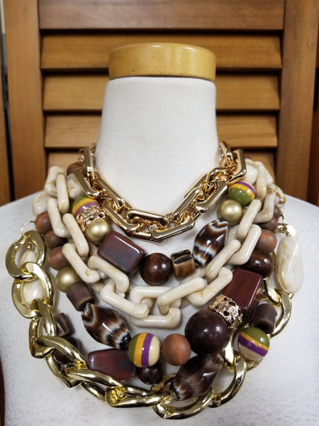 Wood Marbled Bead Multi Layered Bib Necklace Set (6946026520627)