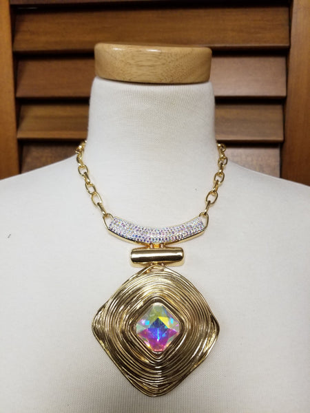 Stone Pointed Bold Aurora Borealis and Gold Necklace (6953743581235)