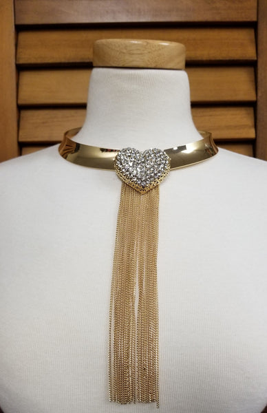 Rhinestone Embellished Heart  and Chain Tassel Necklace Set (6977069809715)