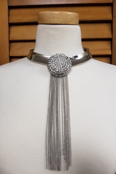 Rhinestone Embellished Round Chain Tassel Necklace Set (6977083408435)