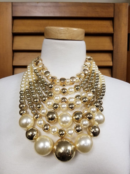 Seven Strand Gold and Pearl Statement Necklace Set (7005084385331)