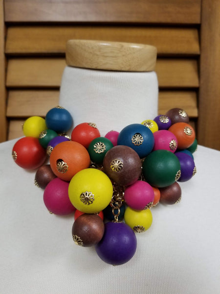 Multi-Colored Wooden Ball Cluster Necklace Set (7005088579635)