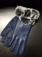 Navy Blue Faux Leather Gloves with Faux Fur Trim (7014724173875)