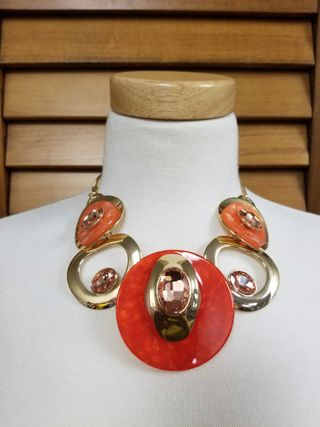 Orange and Gold Deco Disc Glass and Stone Statement Necklace Set (7086225981491)