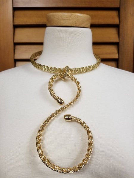 Gold Choker Curved Pendant Necklace Set (7166836277299)