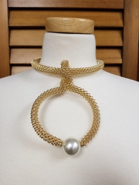 Pearl Oversized Open Ring Wire  Necklace Set (7166867931187)