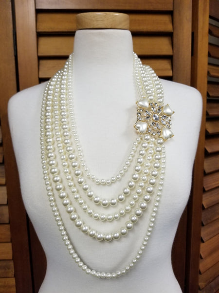 Multi-Strand Gold and Pearl Necklace Set With Brooch (7359849791539)