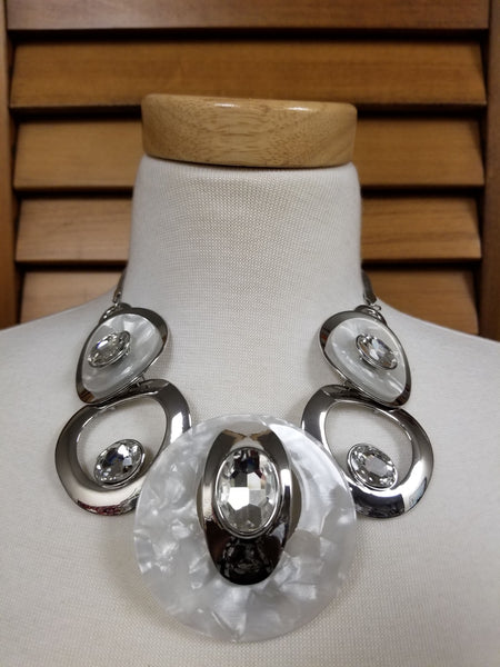 Silver and White Glass and Stone Deco Statement Necklace Set (7359920046131)