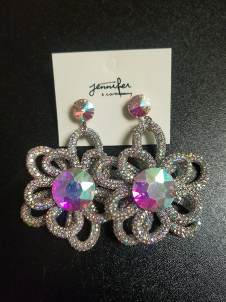 Flower Studded Bling Dangle Statement Earrings (7512875597875)