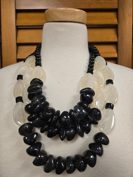 Chunky Triple Layered Black and Cream Statement Necklace Set (7558095732787)