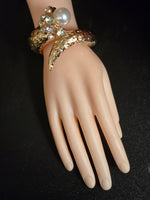 Pearl Tip Rhinestone Embellished Textured Hinged Bracelet (7557819727923)