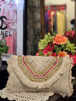 Shell Embellished Embroidered Fringe Jute Clutch (7558136725555)