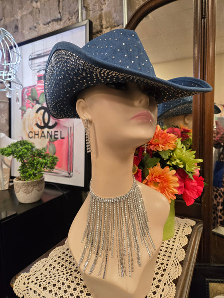 Rhinestone Embellished Denim Cowboy Hat (7660467191859)