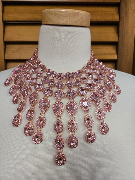 Pink Stone Teardrop Bib Statement Necklace (7660474499123)