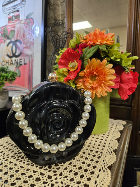Midnight Camellia Pearl Handled Sculptured Purse