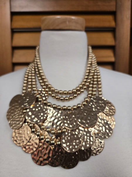 Hammer and Halo Textured Metal Disc Embellished Layered Necklace Set