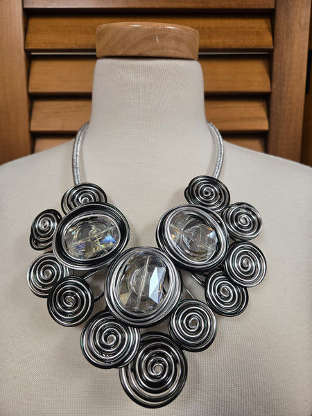 Hypnotic Allure Black and Silver Metal Coil Statement Necklace Set