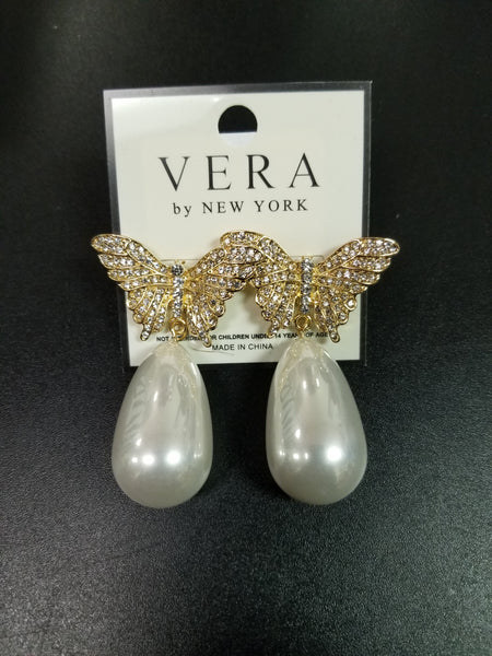 Rhinestone and Pearl Butterfly Drop Earrings (6635792564275)