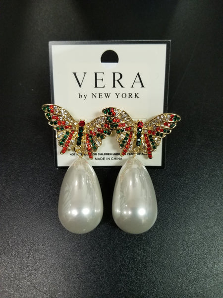 Rhinestone and Pearl Butterfly Drop Earrings (6635793285171)