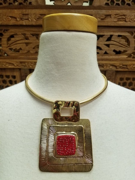 Gold Square and Rhinestone Pendant Necklace Set (6661079531571)