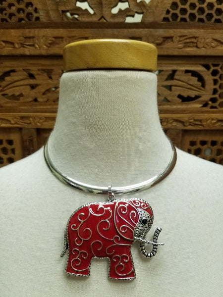 Red and Silver Enamel Elephant Necklace Set (6678869737523)