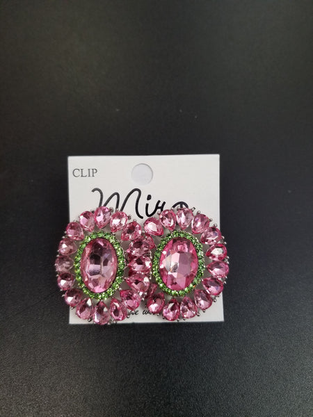 Pink and Green Crystal Clip-On Earrings (6709175943219)