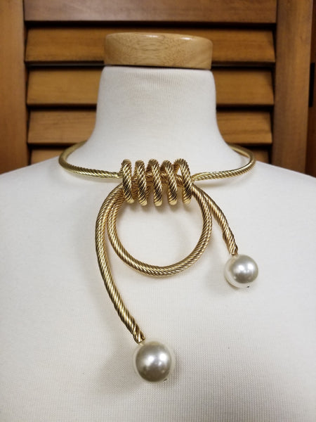 Gold Twisted Rope and Pearl Choker Necklace Set (6892345458739)