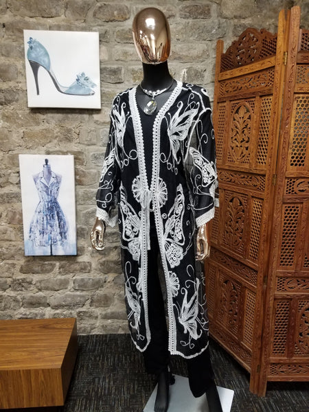 Black and Cream Embroidered Butterfly Kimono (6892384288819)