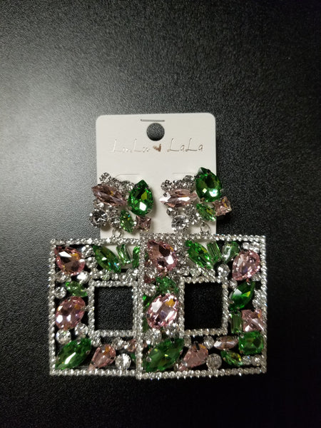 Pink and Green Statement Rhinestone Earrings (6897921261619)