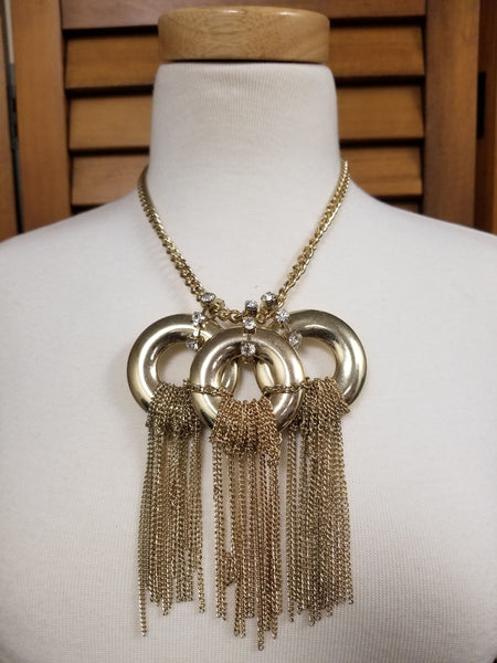 Gold and Rhinestone Three Ring Necklace Set with Chains (6903534420019)