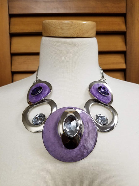 Purple Deco Disc and Glass Stone Statement Necklace Set (6906857979955)