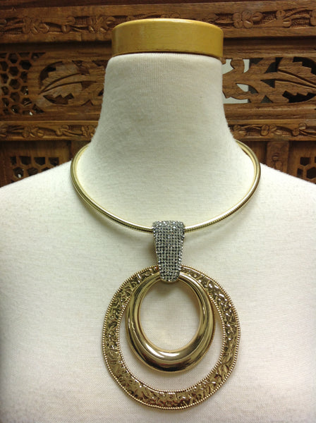 Gold and Rhinestone Double Circle Pendant Necklace Set (6564139597875)